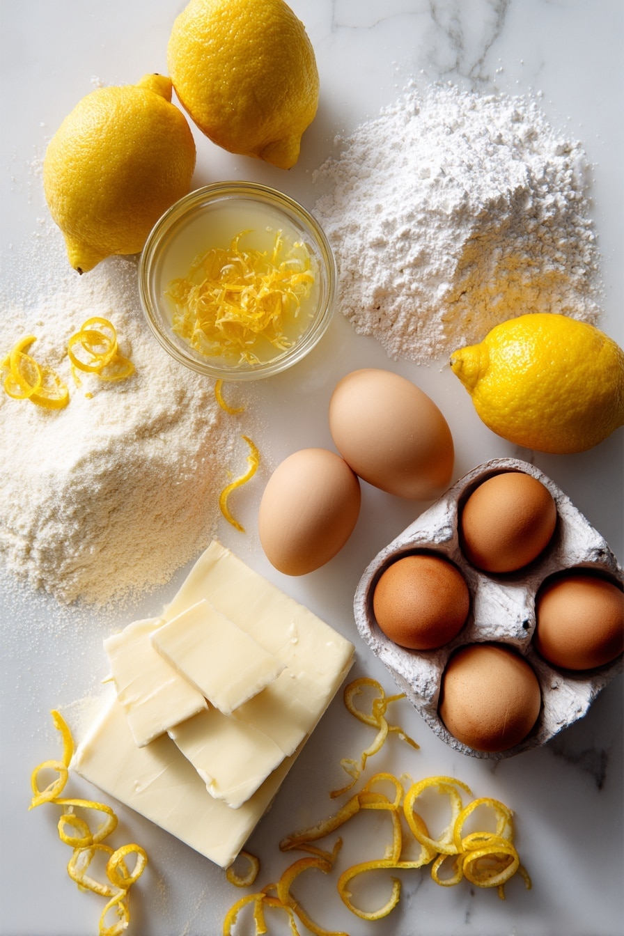 Flat lay of fresh whole lemons with bright yellow zest curls, vibrant lemon juice in a small glass container, smooth unsalted butter blocks, a mound of granulated sugar crystals, a scattering of large brown eggs, a pile of fine all-purpose flour, and a delicate dusting of powdered sugar sprinkled lightly, arranged beautifully on a white marble surface, photo taken with an iphone --ar 2:3 --v 7 - Viral Lemon Bars, Buttery & Tangy Lemon Bars, Easy Lemon Bar Recipe, Lemon Dessert, Bright Citrus Bars