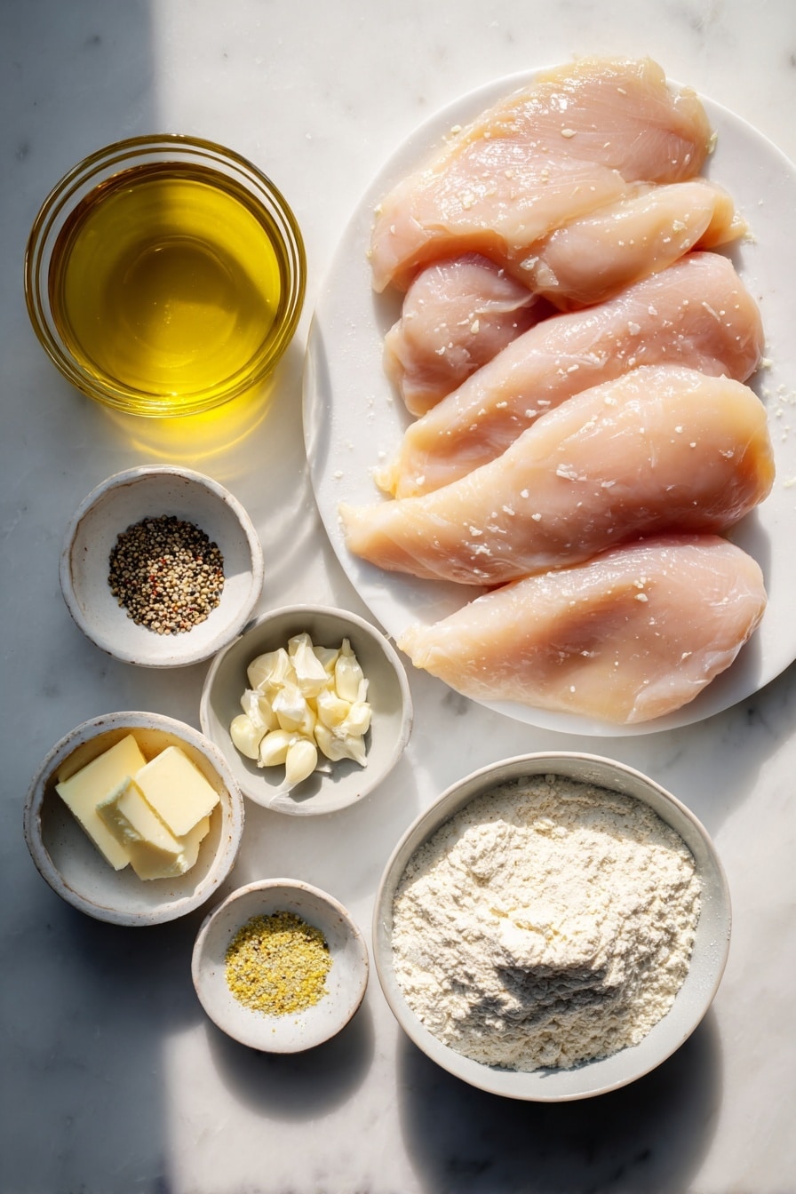 Flat lay of raw chicken breasts sliced lengthwise, fresh garlic cloves peeled and minced, small piles of lemon pepper seasoning, a dollop of creamy butter, a small mound of all-purpose flour, a cup of rich heavy cream, and a clear glass of golden olive oil, all beautifully arranged with bright natural light and soft shadows, placed on a white marble surface, photo taken with an iphone --ar 2:3 --v 7 - Lemon Pepper Chicken with Creamy Sauce, Lemon Pepper Chicken, Easy Lemon Chicken Recipe, Quick Chicken Dinner, Creamy Chicken Skillet