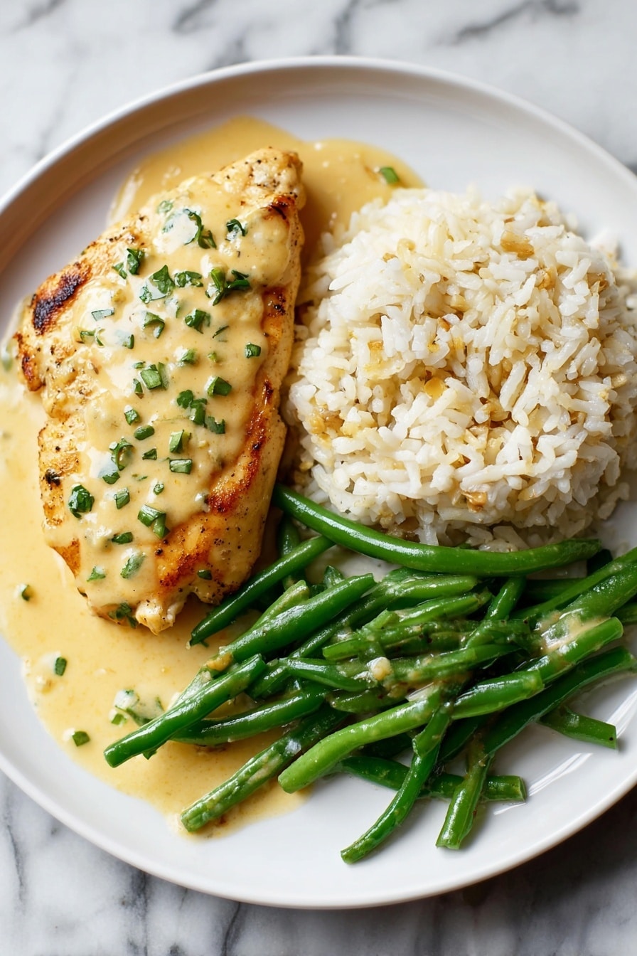 The dish on a white plate shows three main parts: a golden-brown chicken piece on the left covered with a light yellow creamy sauce with green herbs sprinkled on top, a mound of white rice with a slight yellow sauce mixed in sitting to the right of the chicken, and a small bunch of bright green beans with a drizzle of the same yellow creamy sauce placed at the bottom left of the plate. The plate rests on a white marbled surface. Photo taken with an iphone --ar 2:3 --v 7 - Lemon Pepper Chicken with Creamy Sauce, Lemon Pepper Chicken, Easy Lemon Chicken Recipe, Quick Chicken Dinner, Creamy Chicken Skillet