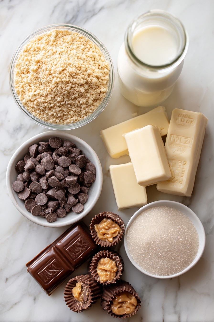 Flat lay of glossy semi-sweet chocolate chips, creamy peanut butter chips, smooth blocks of full-fat cream cheese, quartered miniature peanut butter cups with rich chocolate and peanut butter layers, silky heavy cream in a small glass jar, a package of milk chocolate brownie mix box, and a bowl of granulated sugar, all beautifully arranged with natural light highlighting their textures, placed on a white marble surface, photo taken with an iphone --ar 2:3 --v 7 - Chocolate Peanut Butter Reese’s Cheesecake, Reese’s Cheesecake with Brownie Crust, Peanut Butter Chocolate Cheesecake, No-Bake Reese’s Cheesecake, Easy Reese’s Dessert