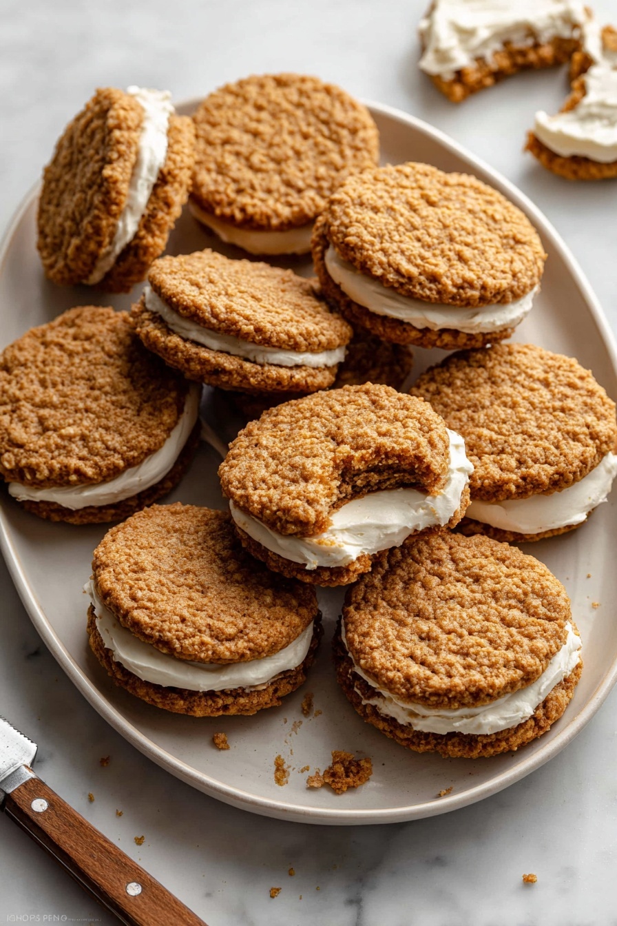 Homemade Oatmeal Cream Pies: Soft, Chewy & Better Than Store-Bought Recipe 7 A close-up view of a stack of three oatmeal sandwich cookies with white cream filling in the middle of each, placed on a white plate with a wavy edge on a white marbled surface; the top cookie has a bite taken out of it, showing the soft texture inside, with another sandwich cookie blurred in the background, photo taken with an iphone --ar 2:3 --v 7 - Homemade Oatmeal Cream Pies, soft chewy oatmeal cookies, homemade sandwich cookies, oatmeal cookie filling, better than store-bought cream pies