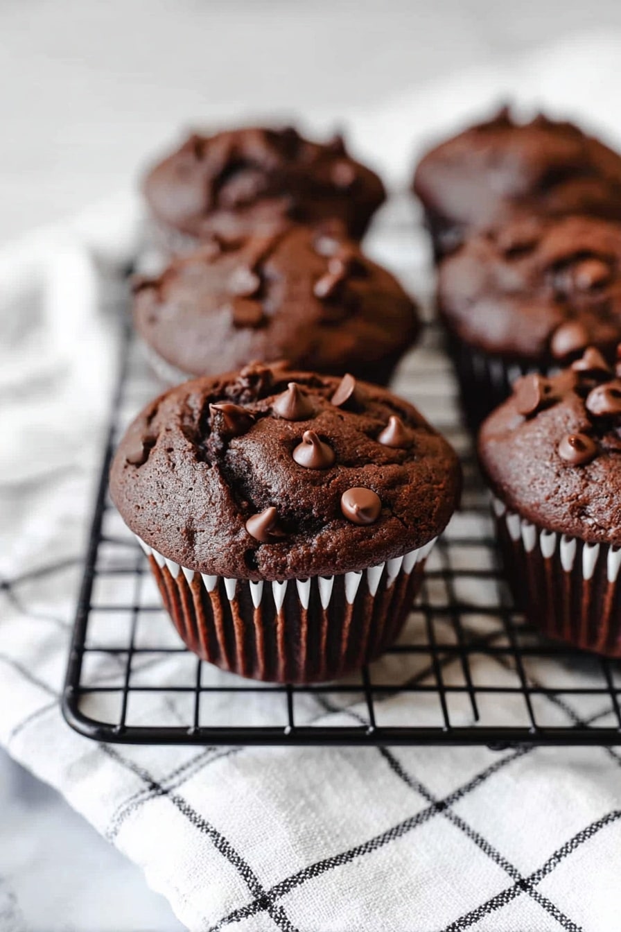 A close-up of six dark brown chocolate muffins arranged in two rows on a black cooling rack, each muffin topped with shiny chocolate chips scattered unevenly on their slightly cracked tops. The muffins have a soft, moist texture and sit in white paper liners. Below the rack is a white cloth with black grid lines, resting on a white marbled surface. The background is softly blurred, putting focus on the muffin in the front center. photo taken with an iphone --ar 2:3 --v 7 - Double Chocolate Chip Muffins, bakery-style chocolate muffins, soft chocolate chip muffins, easy chocolate muffin recipe, moist chocolate muffin idea