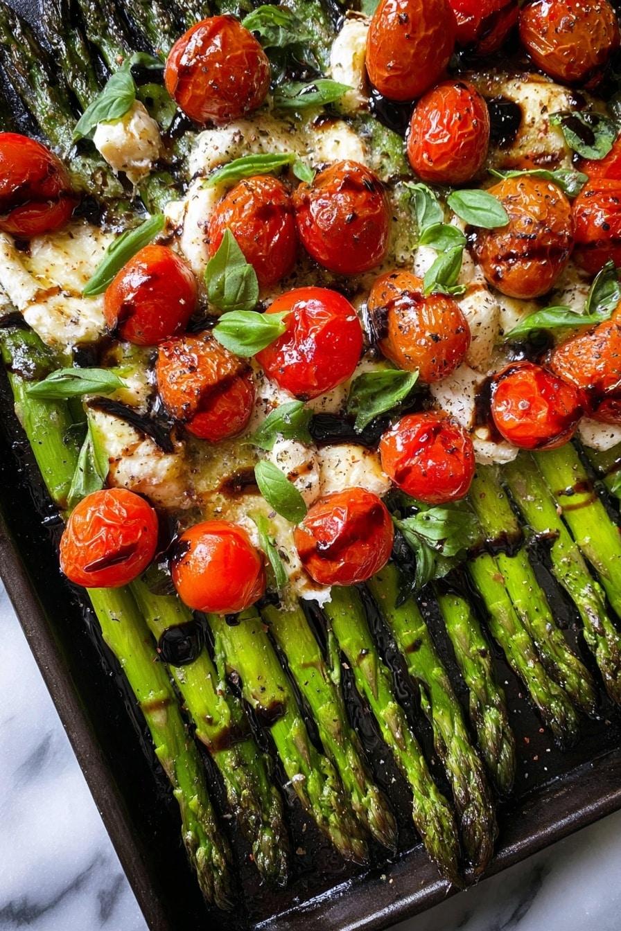 Parmesan Roasted Asparagus with Cherry Tomatoes, Basil, and Balsamic Reduction Recipe 5 The image shows a dish arranged in layers on a dark baking tray placed on a white marbled surface. The bottom layer consists of bright green asparagus spears laid out side by side with tips pointing upwards, showing a slightly charred texture. On top of the asparagus, there are melted creamy white cheese patches spread unevenly, adding a soft, rich look. The top layer features a mix of whole and halved vibrant red cherry tomatoes with a glossy finish from a drizzle of dark balsamic glaze. Scattered over the tomatoes are thin strips of fresh green basil leaves, adding texture and color contrast. The balsamic glaze also creates shiny dark drops across the dish, and there is a sprinkle of coarse black pepper and sea salt visible throughout. The overall look is fresh, colorful, and inviting. photo taken with an iphone --ar 2:3 --v 7 - Parmesan Roasted Asparagus with Cherry Tomatoes Basil and Balsamic Reduction, roasted asparagus with cherry tomatoes, healthy vegetable side dish, easy asparagus recipe, flavorful vegetable side
