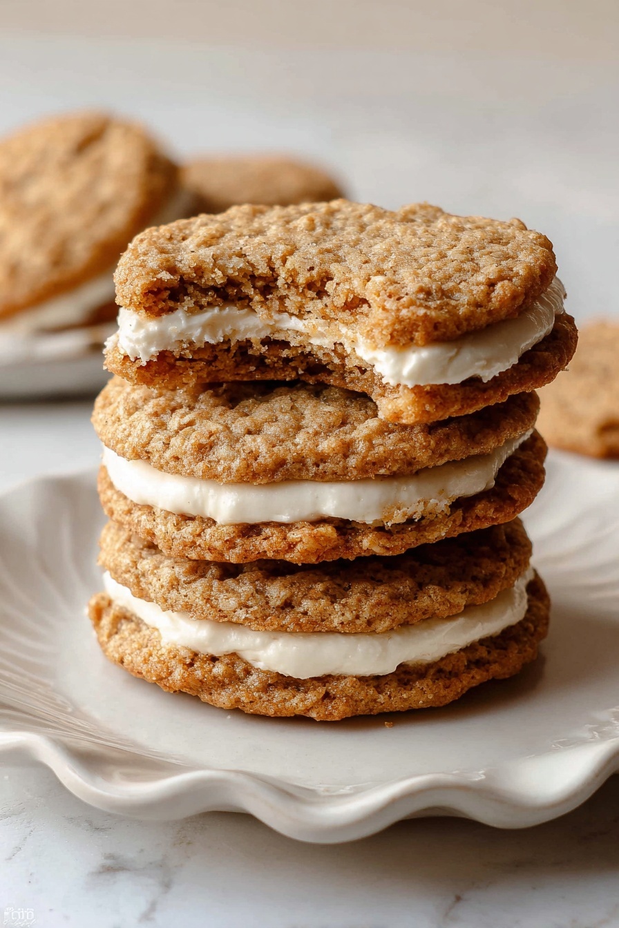 Homemade Oatmeal Cream Pies: Soft, Chewy & Better Than Store-Bought Recipe 5 A white oval plate sits on a white marbled surface, filled with round oatmeal cookie sandwiches. Each sandwich has two golden-brown oatmeal cookies with a rough, crumbly texture, and a thick smooth white cream layer in the middle. One cookie sandwich is partly broken, showing the white cream inside. Crumbs are scattered near the plate on the marbled surface. A knife with white cream on its blade and a wooden handle rests near the bottom left corner of the image. Photo taken with an iphone --ar 2:3 --v 7 - Homemade Oatmeal Cream Pies, soft chewy oatmeal cookies, homemade sandwich cookies, oatmeal cookie filling, better than store-bought cream pies