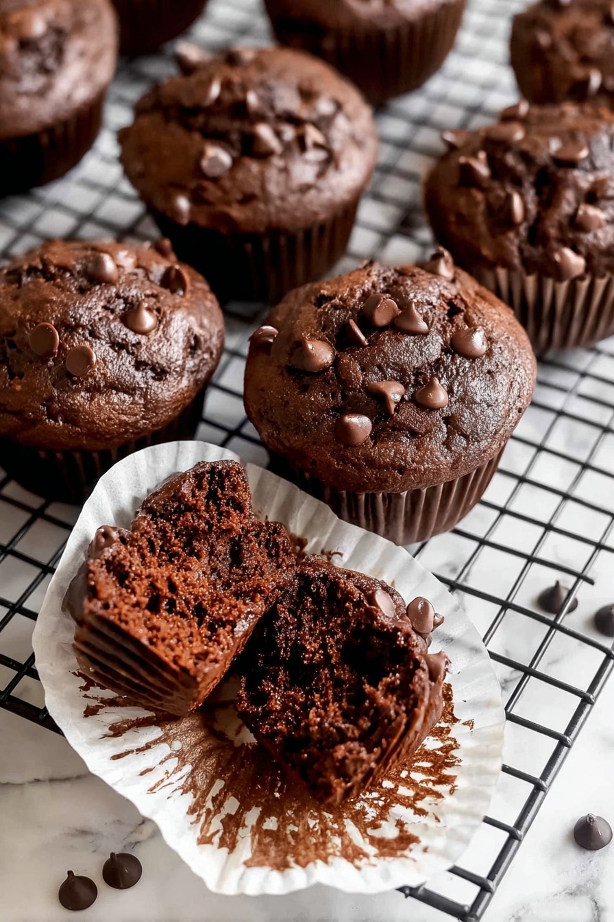 The image shows a group of chocolate muffins with chocolate chips on top, placed on a black wire cooling rack over a white marbled surface. One muffin is unwrapped, with its white paper liner open, and is split in half revealing a moist, dark chocolate interior filled with melty chocolate chips. The muffins have a rich brown color, slightly rough texture on top, and scattered chocolate chips that add a shiny contrast. Photo taken with an iphone --ar 2:3 --v 7 - Double Chocolate Chip Muffins, bakery-style chocolate muffins, soft chocolate chip muffins, easy chocolate muffin recipe, moist chocolate muffin idea