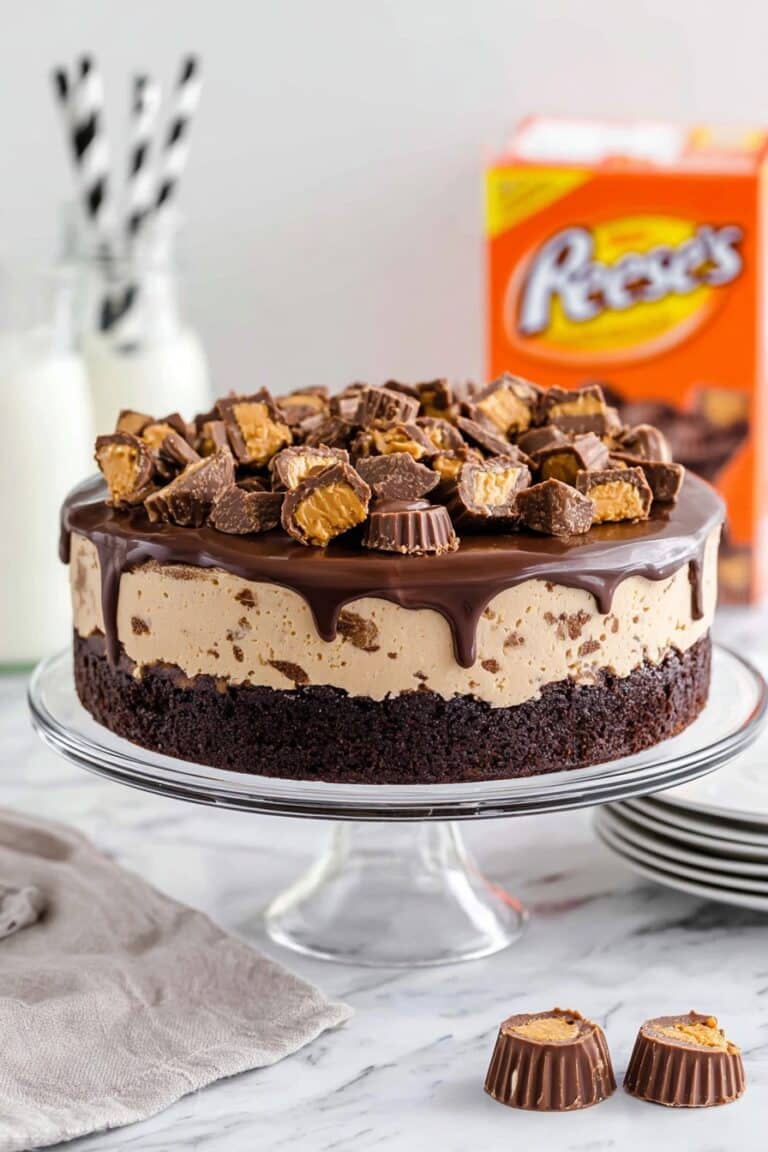 Chocolate Peanut Butter Reese’s Cheesecake with Brownie Crust and Ganache Topping Recipe