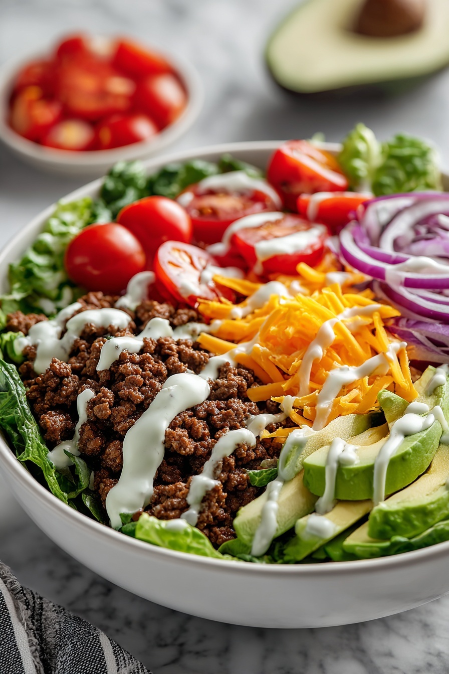 Viral Easy 20-Minute Burger Bowl with Lettuce, Tomatoes, and Creamy Sauce Recipe 5 The image shows a white bowl filled with layers of colorful salad ingredients arranged in sections. The bottom layer is made of fresh green lettuce leaves. On top, there is a section of finely cooked ground meat with a light drizzle of a white creamy dressing. Next to it, bright red cherry tomatoes are halved and also topped with the same dressing. There is a place for thinly sliced purple onions, followed by shredded orange cheddar cheese on one side. Near the front, slices of fresh light green avocado are drizzled with the creamy dressing as well. The bowl is placed on a white marbled surface with a blurred small dish visible in the background. photo taken with an iphone --ar 2:3 --v 7 - Viral Easy 20-Minute Burger Bowl, healthy burger bowls, quick burger bowl recipe, lettuce and tomato burger bowl, no-bun burger dish
