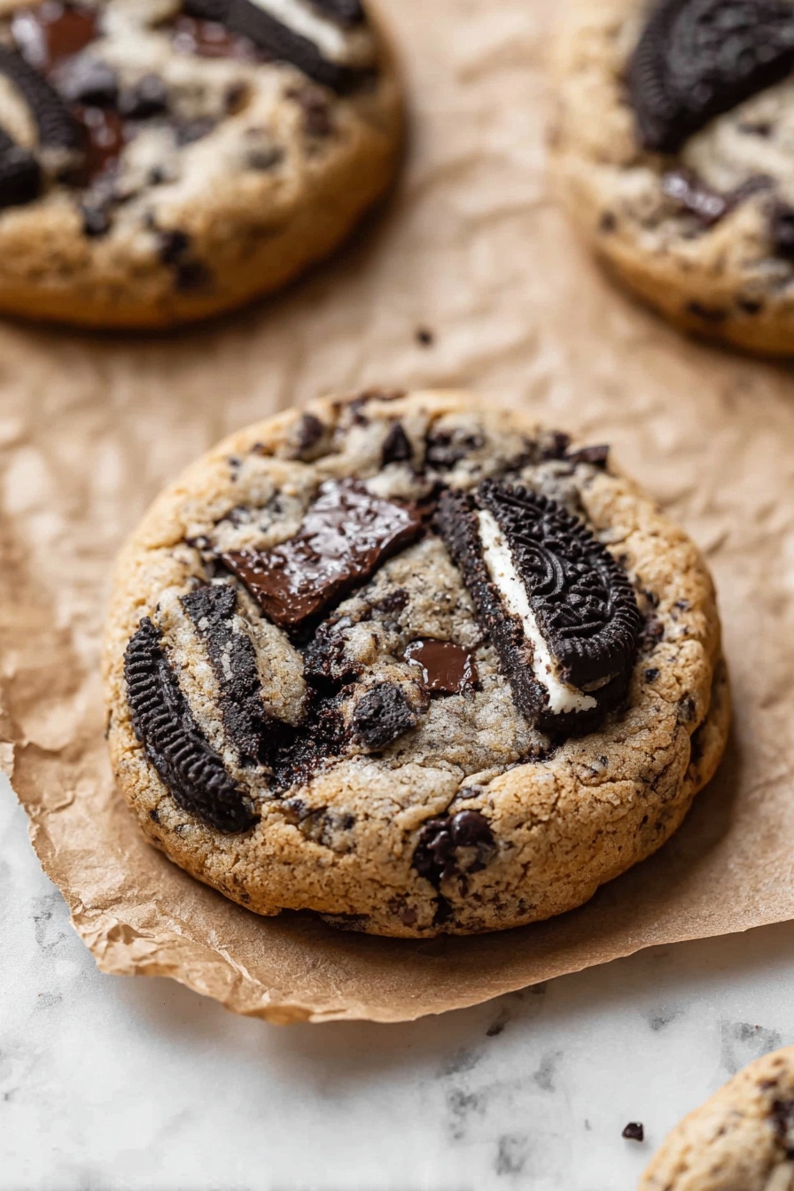 Oreo Chocolate Chip Cookies — Thick, Chewy & Loaded with Oreo Chunks! Recipe 7 Close-up view of several round cookies with a light brown dough base that has visible small dark specks mixed in. Each cookie is topped with broken black and white sandwich cookie pieces placed on the surface. Scattered among the cookie pieces are medium-sized shiny chocolate chips in a dark brown color. The cookies appear soft with slightly rough, crumbly textures around the edges. The background is a white marbled texture under a layer of brown parchment paper. Photo taken with an iphone --ar 2:3 --v 7 - Oreo Chocolate Chip Cookies, Thick Chewy Oreo Cookies, Best Oreo Cookies, Chocolate Chip Cookies with Oreos, Easy Oreo Cookie Recipe