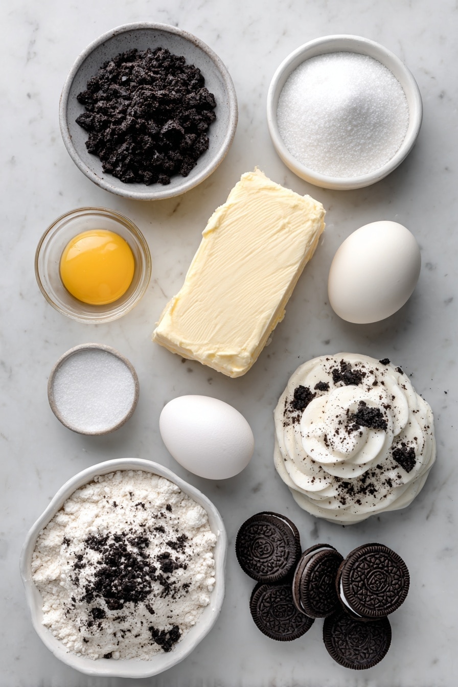 Crumbl Copycat Cookies & Cream Milkshake Cookies Recipe 6 Flat lay of softened butter, granulated sugar, confectioner sugar, a large egg, vanilla extract in a small glass container, all-purpose flour, crushed Oreo cookies with visible black and white cookie pieces, smooth buttercream frosting speckled with Oreo crumbs, and miniature Oreos arranged neatly around the other ingredients, placed on a white marble surface, photo taken with an iphone --ar 2:3 --v 7 - Crumbl Cookies and Cream Milkshake Cookies, Cookies and Cream Cookie Recipe, Copycat Cookie Recipes, Easy Cookies and Cream Cookies, Soft Thick Cookies with Oreo Frosting