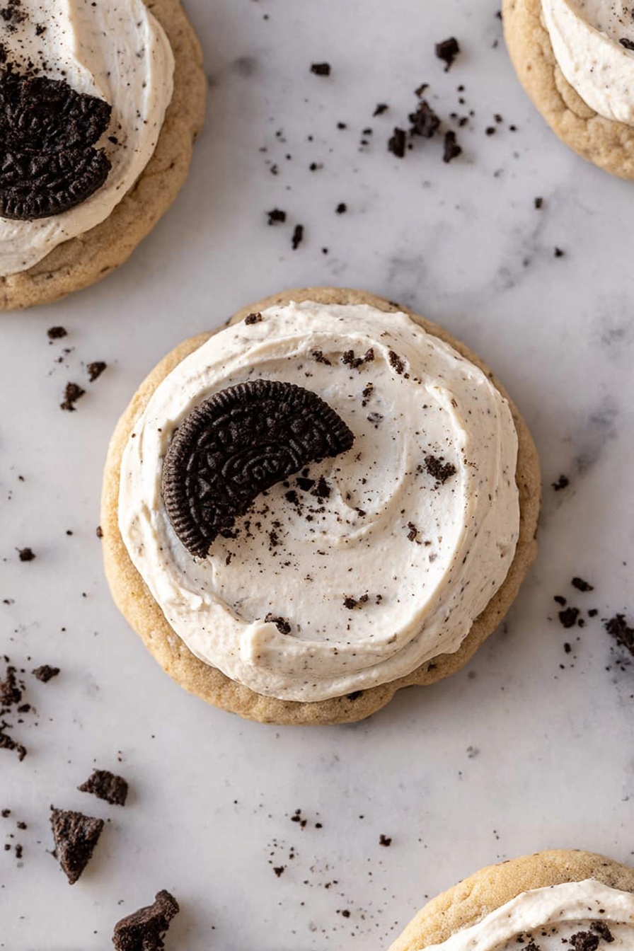 Crumbl Copycat Cookies & Cream Milkshake Cookies Recipe 7 The image shows several cookie sandwiches on a white marbled surface. Each sandwich has one thick, light brown cookie base with small dark chocolate pieces baked in. On top of the cookie base is a thick, fluffy layer of cream with crushed dark cookie bits mixed in, giving it a speckled look. Each cookie sandwich is topped with a small, whole dark chocolate sandwich cookie. The focus is on the middle sandwich, with other cookie sandwiches blurred softly in the background. Photo taken with an iphone --ar 2:3 --v 7 - Crumbl Cookies and Cream Milkshake Cookies, Cookies and Cream Cookie Recipe, Copycat Cookie Recipes, Easy Cookies and Cream Cookies, Soft Thick Cookies with Oreo Frosting
