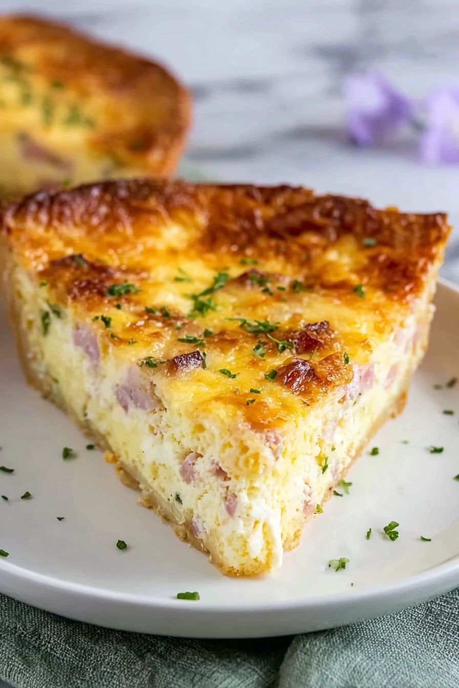 Easy Ham and Cheese Quiche Recipe 5 A thick slice of quiche with a browned, crispy golden crust sits on a white plate over a green cloth, placed on a white marbled surface. The quiche has two main layers: a flaky crust on the outside and a creamy pale yellow filling inside, speckled with small pink pieces of ham and bits of green herbs. The top layer is a slightly darker golden-yellow, with melted cheese that has light brown spots, and a few small green herb sprinkles spread over it. Photo taken with an iphone --ar 2:3 --v 7 - Easy Ham and Cheese Quiche, ham and cheese quiche, quick brunch recipes, savory egg quiche, beginner-friendly quiche
