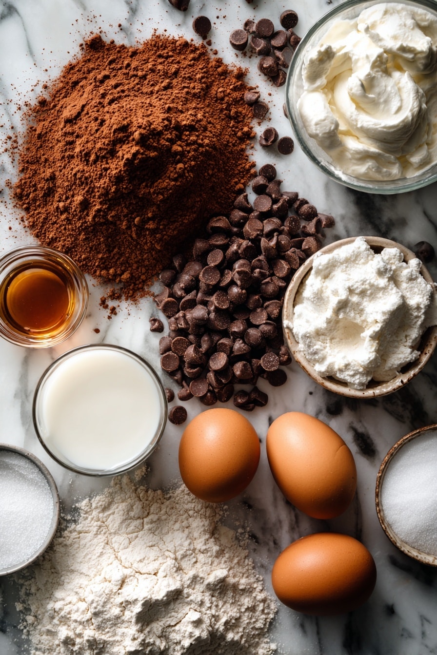Flat lay of rich unsweetened cocoa powder in a small heap, piles of shiny semisweet chocolate chips scattered artistically, a couple of fresh brown eggs, a small glass of creamy milk, dollops of thick sour cream, a mound of granulated sugar sparkling under the light, a heap of all-purpose flour with soft texture, and a small bottle of vanilla extract with amber liquid inside, all beautifully arranged on a white marble surface, photo taken with an iphone --ar 2:3 --v 7 - Double Chocolate Chip Muffins, bakery-style chocolate muffins, soft chocolate chip muffins, easy chocolate muffin recipe, moist chocolate muffin idea