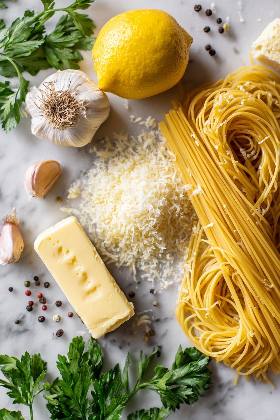Flat lay of a stick of salted Danish creamy butter, two cloves of fresh garlic with some grated, a whole bright yellow lemon alongside a small pile of lemon zest, freshly grated parmesan cheese in a soft mound, a bundle of cooked spaghetti neatly coiled, and sprigs of fresh green parsley, all beautifully arranged with a few loose peppercorns scattered around, placed on a white marble surface, photo taken with an iphone --ar 2:3 --v 7 - One Pot Lemon Pasta, Lemon Pasta Recipe, Easy Lemon Pasta, Quick Pasta Dinner, Fresh Lemon Pasta