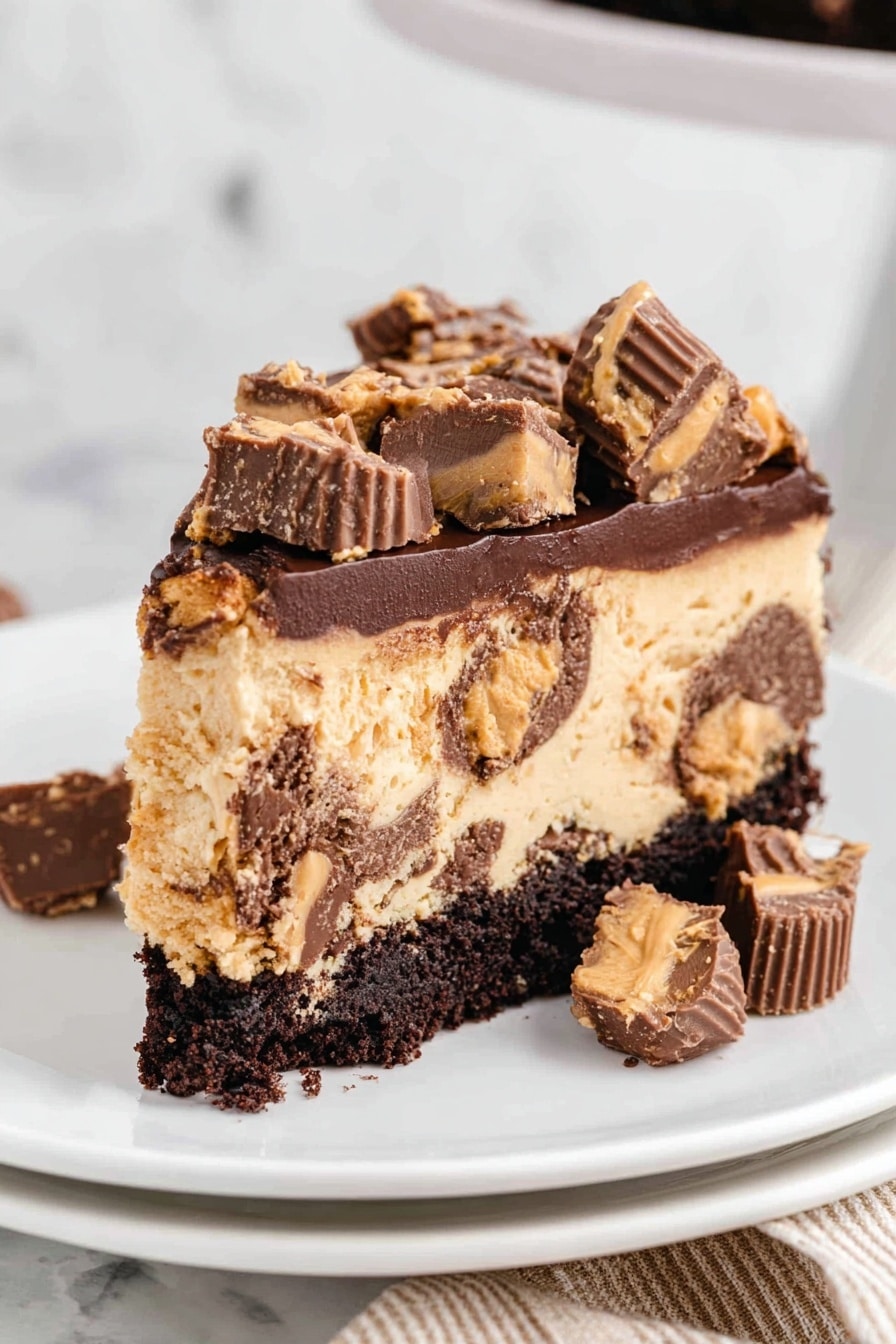 A slice of thick layered cake on a white plate, starting with a dark brown, crumbly base layer at the bottom. Above the base is a thick beige layer with swirls of chocolate chunks and peanut butter pieces mixed inside. On top of this is a thin dark chocolate layer, covered with broken pieces of peanut butter cups with a creamy brown and chocolate texture. Some peanut butter cup pieces are also around the plate. The background has a soft white marbled texture. photo taken with an iphone --ar 2:3 --v 7 - Chocolate Peanut Butter Reese’s Cheesecake, Reese’s Cheesecake with Brownie Crust, Peanut Butter Chocolate Cheesecake, No-Bake Reese’s Cheesecake, Easy Reese’s Dessert