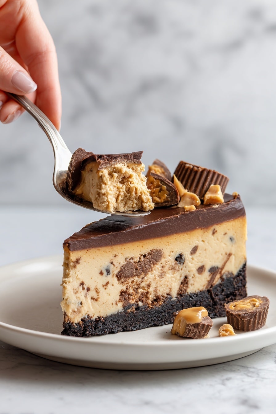 This image shows a slice of a layered dessert on a white plate with a silver fork beside it. The bottom layer is a dark, crumbly chocolate crust with pieces of chocolate peanut butter cups embedded. Above that is a thick, creamy beige cheesecake layer with tiny chocolate bits mixed inside. On top of this cheesecake layer, there is a thin, smooth layer of dark chocolate ganache. The dessert is finished with a top layer made of large chunks of chocolate peanut butter cups, some showing peanut butter filling. The scene is set on a white marbled surface. photo taken with an iphone --ar 2:3 --v 7 - Chocolate Peanut Butter Reese’s Cheesecake, Reese’s Cheesecake with Brownie Crust, Peanut Butter Chocolate Cheesecake, No-Bake Reese’s Cheesecake, Easy Reese’s Dessert