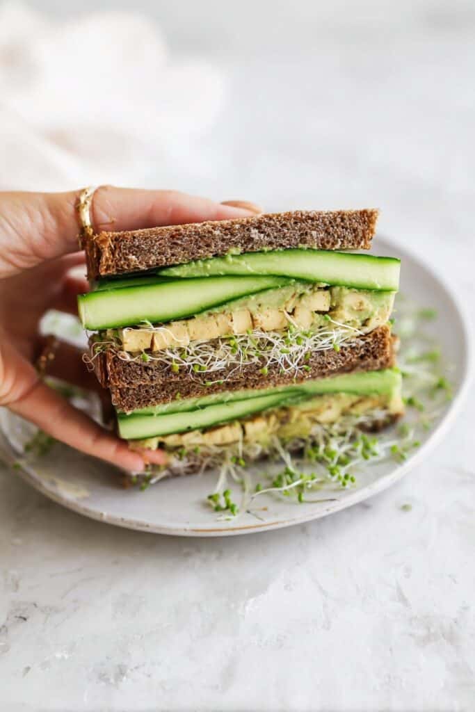 High-Protein Vegan Tempeh Sandwich with Cucumber, Avocado, and Sprouts Recipe