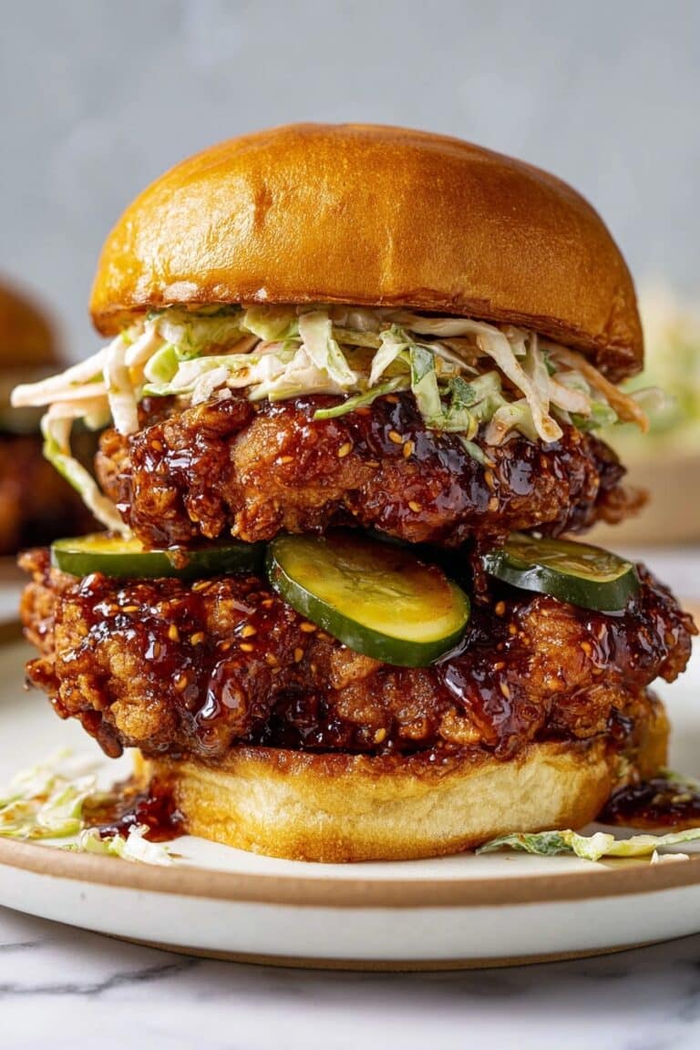 Viral Korean Fried Chicken Sandwich with Kimchi Slaw and Gochujang Glaze Recipe