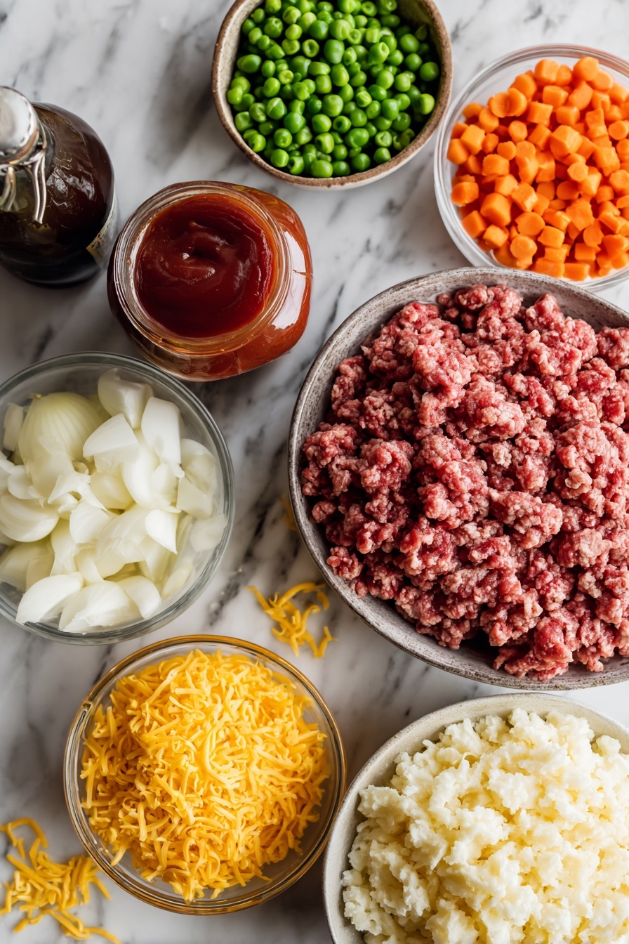 Crock Pot Shepherd’s Pie Recipe 6 Flat lay of raw lean ground beef, a medium diced onion, peeled garlic cloves, a colorful mix of frozen peas, carrots, and corn, a small can of rich tomato paste, a glossy bottle of Worcestershire sauce, a mound of instant mashed potato flakes, and a pile of freshly grated sharp cheddar cheese, all beautifully arranged with vibrant colors and textures, placed on a white marble surface, photo taken with an iphone --ar 2:3 --v 7 - Crock Pot Shepherd’s Pie, slow cooker shepherd’s pie, easy shepherd’s pie, comforting beef casserole, family-friendly slow cooker meal