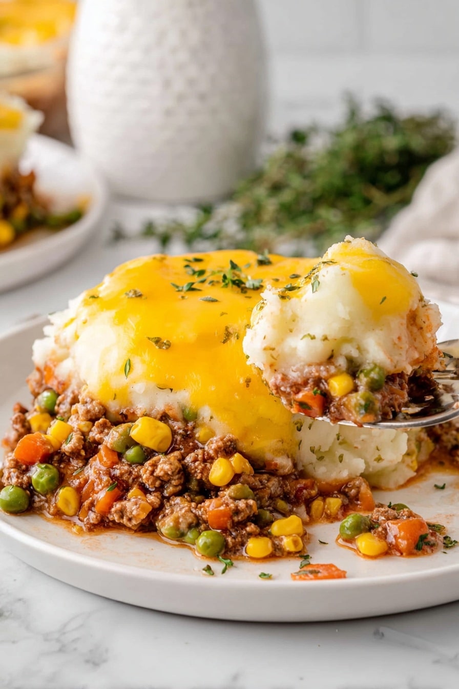 Crock Pot Shepherd’s Pie Recipe 5 A white plate holds a layered dish starting with a thick, chunky base of brown ground meat mixed with green peas, orange carrot pieces, and yellow corn kernels. On top of this is a smooth layer of creamy white mashed potatoes, finished with a bright yellow melted cheese layer that has a glossy texture and some green herb flakes sprinkled over. A fork holds a scoop showing all three layers clearly. The background is a white marbled surface with a soft focus on a white textured jar and some green herbs behind. Photo taken with an iphone --ar 2:3 --v 7 - Crock Pot Shepherd’s Pie, slow cooker shepherd’s pie, easy shepherd’s pie, comforting beef casserole, family-friendly slow cooker meal