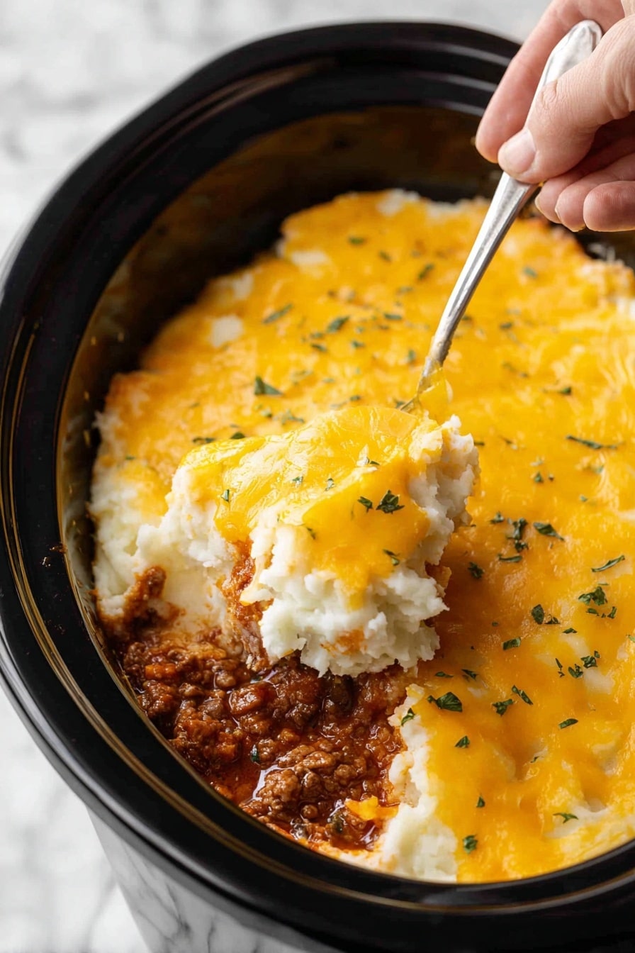 Crock Pot Shepherd’s Pie Recipe 7 A black crockpot contains a layered dish being scooped with a spoon held by a woman's hand. The bottom layer is a brown, cooked meat sauce with visible small chunks and a rich texture. Above the meat, there is a thick white layer of mashed potatoes, smooth and fluffy. The top layer is a melted bright yellow cheese covering the mashed potatoes, sprinkled with finely chopped green herbs for garnish. The background is a white marbled surface. Photo taken with an iphone --ar 2:3 --v 7 - Crock Pot Shepherd’s Pie, slow cooker shepherd’s pie, easy shepherd’s pie, comforting beef casserole, family-friendly slow cooker meal
