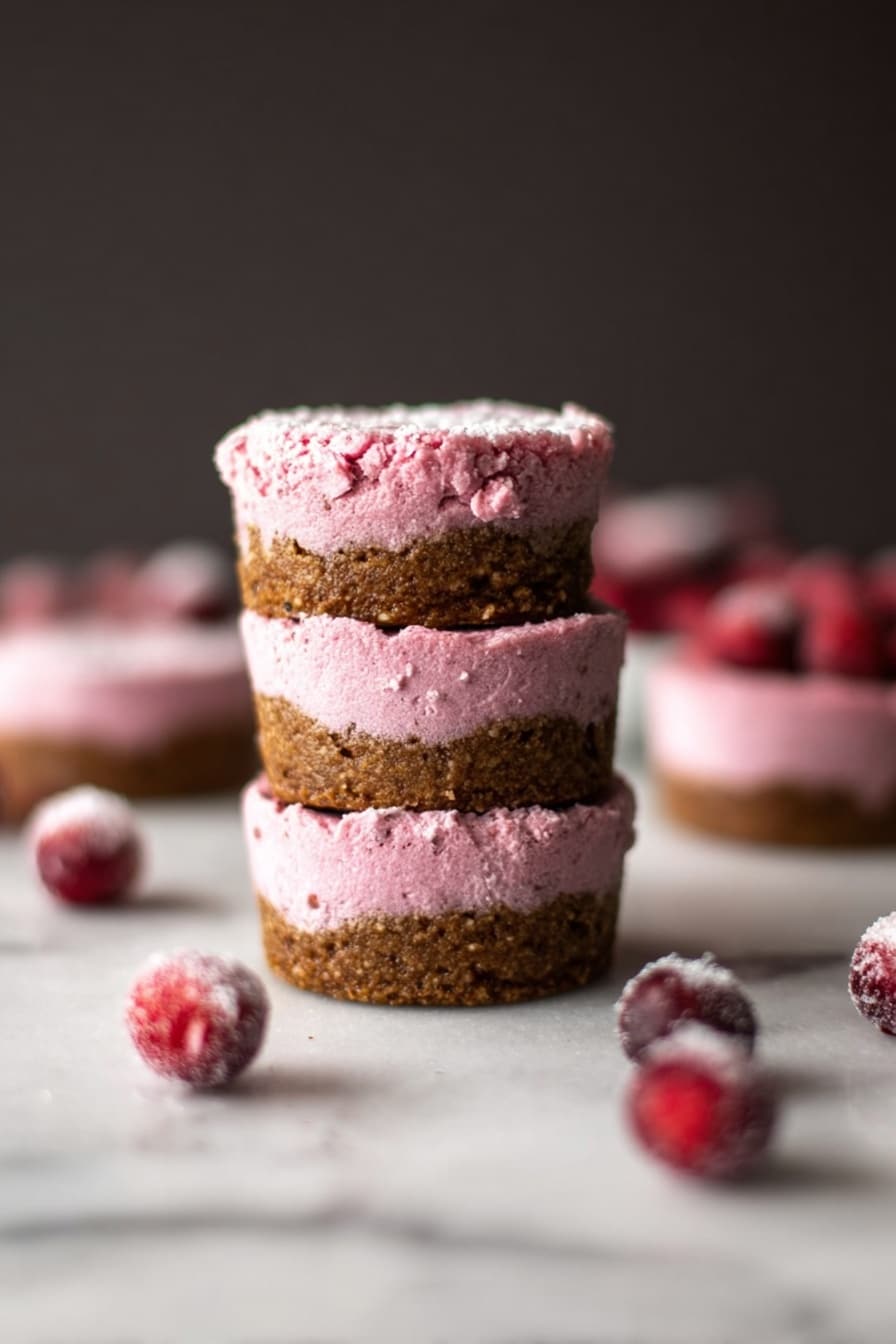 Cranberry Mini Vegan Cheesecakes Recipe 7 A small round pink dessert with a soft, textured surface sits on a white marbled background. On top, there are three whole frozen red berries covered lightly with a sugary layer. Around the dessert, there are more frozen red berries scattered, also dusted with sugar. The focus is sharp on the dessert and berries closest to it, while the rest fades softly, showing a clean and bright setting. photo taken with an iphone --ar 2:3 --v 7 - Cranberry Mini Vegan Cheesecakes, vegan dessert, holiday cheesecake, plant-based mini cheesecakes, cranberry dessert