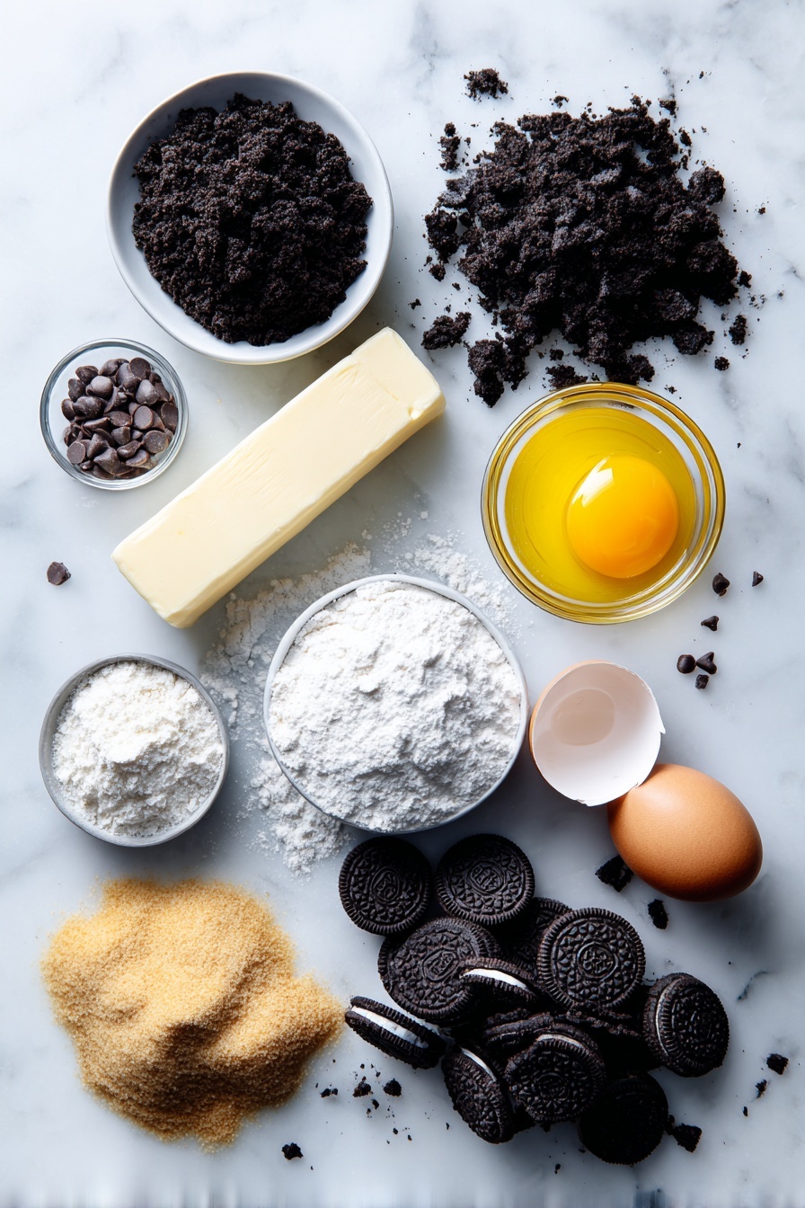 Oreo Chocolate Chip Cookies — Thick, Chewy & Loaded with Oreo Chunks! Recipe 6 Flat lay of broken Oreo cookie pieces, fine Oreo crumbs, semi-sweet chocolate chips, light and dark brown sugar piles, a stick of unsalted butter, a cracked large egg with yolk visible, a small heap of golden all-purpose flour, and a splash of pure vanilla extract in a tiny glass container, all beautifully arranged on a white marble surface, photo taken with an iphone --ar 2:3 --v 7 - Oreo Chocolate Chip Cookies, Thick Chewy Oreo Cookies, Best Oreo Cookies, Chocolate Chip Cookies with Oreos, Easy Oreo Cookie Recipe