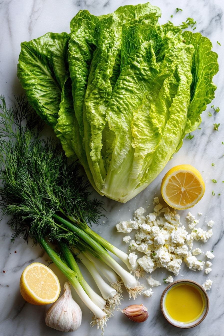 Greek Lettuce Salad with Feta, Dill, and Lemon Recipe 6 Flat lay of a large head of fresh romaine lettuce with bright green leaves, a bunch of vibrant dill with delicate fronds, several scallions with white bulbs and green tops, a wedge of crumbly white feta cheese, a halved lemon showing juicy yellow flesh, a small drizzle of golden extra-virgin olive oil pooling slightly, and a whole garlic clove with papery skin, all beautifully arranged with natural light highlighting their fresh textures, placed on a white marble surface, photo taken with an iphone --ar 2:3 --v 7 - Greek Lettuce Salad with Feta, Dill, and Lemon, Mediterranean Salad, Easy Greek Salad Recipe, Fresh Lettuce Salad, Summer Salad Ideas